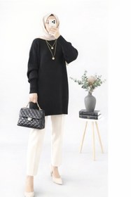 Resim ModaAzen Siyah Bisiklet Yaka Oversize Kadın Triko Tunik 