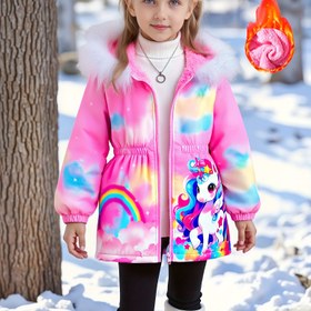 Resim Halloween Kız Çocuk 4-7 Yaş Sonbahar/Kış - Sevimli Gökkuşağı Unicorn Baskılı Uzun Kollu Polar Astarlı Fermuar Kapüşonlu Ceket 
