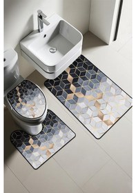 Resim Modern Desenli Dijital Baskı 3 Lü Banyo Paspas Takımı Yıkanabilir Kaymaz Tabanlı Klozet Takımı Klz0061 Renkli 