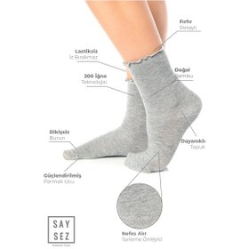Resim Saysez Bambu Kadın Lastiksiz Gri Fırfırlı Soket Dikişsiz Çorap 3'lü Paket / İz Bırakmaz / Sıkmayan Çorap Renkli 