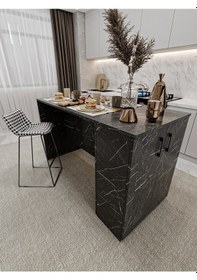 Resim Asra Trend Mutfak Adası MA-04 %100 MDF Dolaplı Yemek ve Bar Masası Royal Mermer 