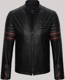 Resim Deriwork Hakiki Kuzu Derisi Siyah Erkek Deri Mont Dik Yaka Kolları Fermuarlı Deri Ceket Siyah 