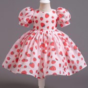 Resim Kızlar İçin Meyve Desenli Çilek Baskılı Kabarık Kollu Balon Etekli Elbise, Cadılar Bayramı, Şükran Günü, Noel ve Doğum Günleri Partileri İçin Uygun 