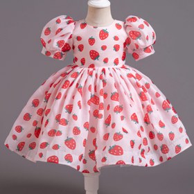 Resim Kızlar İçin Meyve Desenli Çilek Baskılı Kabarık Kollu Balon Etekli Elbise, Cadılar Bayramı, Şükran Günü, Noel ve Doğum Günleri Partileri İçin Uygun 
