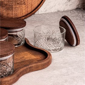 Resim Snippy Milla Yıldız Tepsili 6'lı Ahşap Vakumlu Kapaklı Cam Kahvaltılık Çok Amaçlı Cam Çerezlik 230 ml 