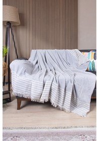 Resim Pamuklu Püsküllü Elmas Desenli Koltuk Örtüsü 170x210 Cm Dekoratif Kanepe, Yatak Ve Tv Örtüsü Gri 