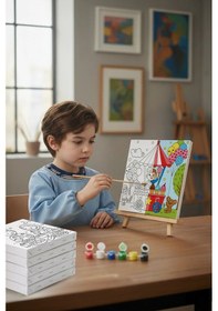 Resim Dondurma Arabası Temalı Çocuk Boyama Tuvali Şövaleli Eğitici Boyama Seti 20x20 Cm 