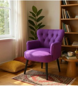 Resim Waterybrook Tekli Berjer Koltuk - Kapitoneli Babyface Kumaş - Siyah Ahşap Ayaklı - Retro Modern Tasarım Mor 