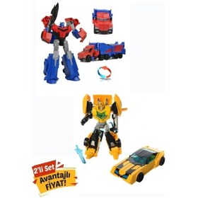 Resim Oyuncak Robota Dönüşen Metal Transformers Robot Bumblebe Ve Optimus Prime Araba 2'li Set 20 Cm Kırmızı 