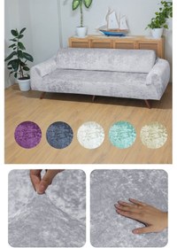 Resim Kadife 3 Kişilik Koltuk Örtüsü Lastikli Kanepe Örtüsü Lastikli Koltuk Örtüsü Koltuk Kılıfı Gri 