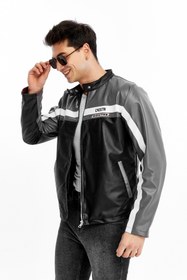Resim CHOS7N Erkek Deri Ceket Mont Fermuarlı Şeritli - Spor & Günlük Stil Gri 