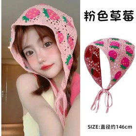 Resim Örgü Üçgen Bandana Çilekli Kırmızı Pembe Saç Bandı Kadın Genç Kız Çocuk Yazlık Bohem Vintage Kore Tarzı Ayçiçek 