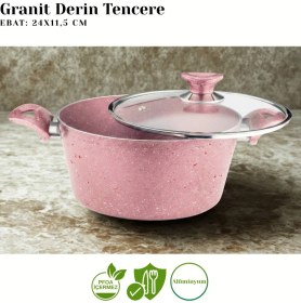Resim Arzu Çelik 24 Cm Granit Derin Tencere Cam Kapak - Pembe 