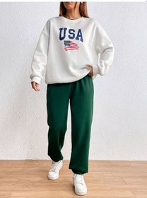 Resim Usa Bayrak Eşofman Takımı Beyaz Sweatshirt Yeşiljogger - Baskılı Oversize Şardonlu Bisiklet Yaka Beyaz 