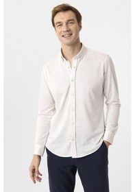 Resim Süvari Ekru Slim Fit Armürlü Düğmeli Yaka Gömlek 
