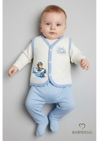 Resim Babyden's Erkek Bebek 3 Lü Jakarlı Yelek Set Çıtçıtlı Bebek Yeleği Ayıcık Baskılı,pamuklu,yenidoğan Yelek Seti Ekru - Mavi 