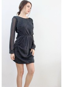 Resim Mois Atelier Siyah Simli Sırt Dekolteli Büzgülü Kadın Mini Elbise Büyük Beden Siyah 