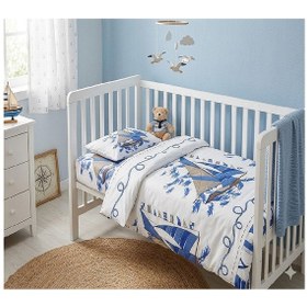 Resim Bebek Nevresim Takımı-% 100 Pamuk -yelken Motifli Beyaz - Mavi 
