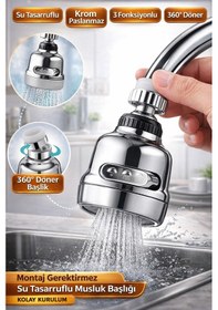 Resim Krom 3 Fonksiyonlu 360 Döner Su Tasarruflu Musluk Başlığı Sıçrama Önleyici Batarya Ucu 