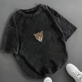 Resim Kadınlar için Vintage Yıkanmış Siyah Tişört Sevimli Leopar Yüz Grafikli - Günlük Kısa Kollu Yuvarlak Yaka Yazlık Üst, Makinede Yıkanabilir & Kuru Temizlenebilir, Dokulu Kumaş 