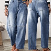 Resim Kadınlar İçin Kemer Halkalı Şeffaf Olmayan Kot Pantolon - Klasik Mavi Yıkanmış Görünüm, Düz Paça Esneklik Yok Günlük ve Resmi Giyim için Makinede Yıkanabilir Denim, Özel Cep Tasarımı, Opak Kumaş 