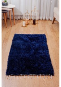 Resim El Dokuması Peluş Kilim 70 140 Cm Yolluk Banyo Mutfak Kapı Önü Paspası Lacivert 