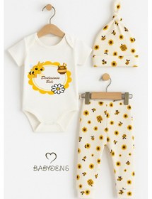 Resim Babyden's Dedesinin Balı Yazılı 3 Lü Bebek Takımı Pamuklu Kısa Kollu Çıtçıtlı Body, Arı Desenli Pantolon,bere Seti Unisex Ekru 