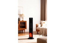 Resim Hoogar German OLED Black Series Şömineli Ekran Dijital Göstergeli Fanlı Kule Tipi Seramik Isıtıcı Uzaktan Kumandalı 