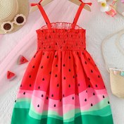 Resim Sevimli Kız Çocukları Karpuz Baskılı Kolsuz Elbise - Kalp Motifli Tatlı Yaz Stili, Pilili Kenarlar, Diz Boyu, Polyester, Kırmızı & Yeşil, Dantel, Moda, Kızlar 