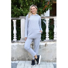 Resim Moda Kadın Pamuk Kapşonlu Cepli 3 Iplik Gri Eşofman Takım Beruflic 