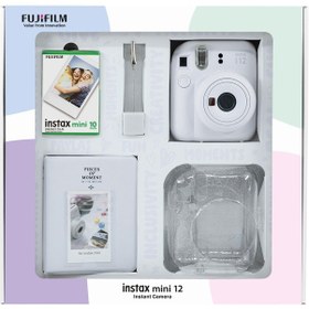 Resim Fujifilm Instax Mini 12 Fotoğraf Makinesi + 10'lu Film + Simli Pleksi Kılıf + Pvc Albüm + Kıskaçlı Resim Standı Beyaz 