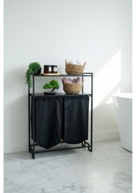 Resim Banyo/çamaşır Odası İçin 2 Raflı, 2 Bölmeli Metal Çamaşır Sepeti Ve Düzenleyici Raf Ünitesi - Siyah Siyah 