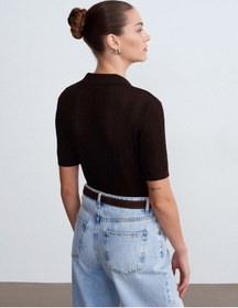 Resim Dilvin 10781 Polo Yaka Ajurlu Triko Bluz-koyu Kahve 
