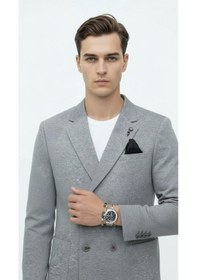 Resim Plus Scorpion Erkek Penye Kumaş Kruvaze Blazer Ceket 4 Düğmeli Mono Yaka, Torba Cepli, Çift Yırtmaçlı Şık Tasarım Gri 