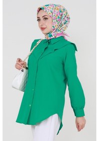 Resim Sevitli Yakası Kat Detaylı Poplin Tunik-yeşil-3523-yeşil Yeşil 