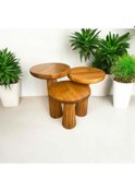 Resim Modern Ahşap Mantar Sehpa 3 Lü Set Tik Ağacı Renk Masif Fiskos 