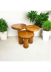 Resim Modern Ahşap Mantar Sehpa 3 Lü Set Tik Ağacı Renk Masif Fiskos 