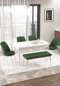 Resim Canisa Concept Via Serisi Açılabilir Mutfak Masası Takımı Beyaz Masa 4 Haki Yeşil Sandalye 1 Bench 