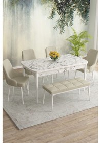 Resim Meri Serisi 80x132 Açılabilir Mdf Beyaz Mermer Desen Masa Takımı 4 Lacivert Sandalye 1 Bench Krem 