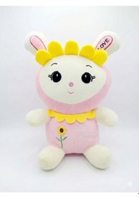 Resim 35 Cm Ayçiçeği Kostümlü Pembe Peluş Tavşan - Yumuşak Uyku Arkadaşı - Sun Flower Nakışlı Beyaz - Pembe 