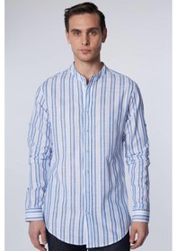 Resim Tudors Slim Fit Uzun Kollu Dar Kalıp Çizgili Hakim Yaka Kol Katlamalı Keten Doku Yazlık Erkek Gömlek-30959-çok Renkli Çok Renkli 