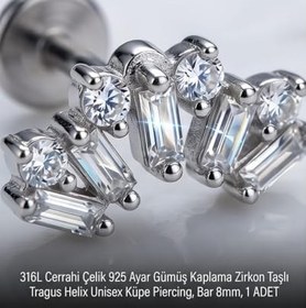 Resim 316L Cerrahi Çelik Gümüş Kaplama Tragus Helix Küpe Piercing Kararmaz Alerji Yapmaz Zirkon Taşlı Küpe Bar 8 mm Unisex Tekli Kadın Erkek Uyumlu Cartilage Kıkırdak Piercing 