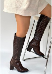 Resim Pabucmarketi Kahve Rugan Baskılı Fermuarlı Kadın Topuklu Çizme Çok Renkli 