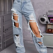 Resim Kadınların Yıpranmış Yırtık Kot Pantolonları, Yüksek Bel Vintage kot Pantolonlar, Sokak Modası, Rahat Bol Kesim Cep Detaylı Pantolonlar, Açık Mavi Yıkama 