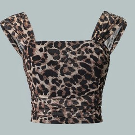 Resim Leopar Desenli Mikro Elastik Askılı Sırtı Açık Kare Yaka Tank Top - Esnek Polyester/Elastan Karışımı, Hafif Yazlık Üst, Makinede Yıkanabilir 