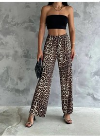 Resim Adisia Kadın Varak Baskılı Leopar Desenli Mevsimlik Beli Lastikli Geniş Paça Pantolon Leopar 