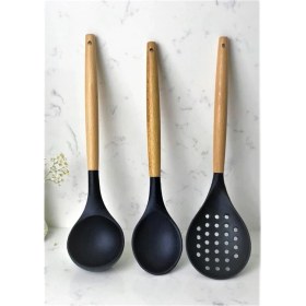 Resim 3'lü Bambu Saplı Silikon Mutfak Seti Kaşık Kepçe Kevgir Siyah 