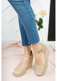 Resim Bayan Keten Hasır Espadril Burnu Hasırlı Arkası Açık Dolgu Topuk Hasır 