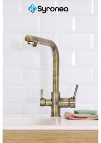 Resim Antik Renk Arıtma Çıkışlı Mutfak Eviye Bataryası 3 Yollu Sıcak Soğuk Ve Arıtma Girişli Musluk Antik 