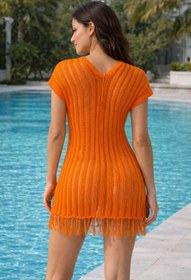 Resim TRQOM Kadın Ön Arka V Yaka Örgü Desenli Kolsuz Püsküllü Mini Moda Turuncu Plaj Elbisesi 